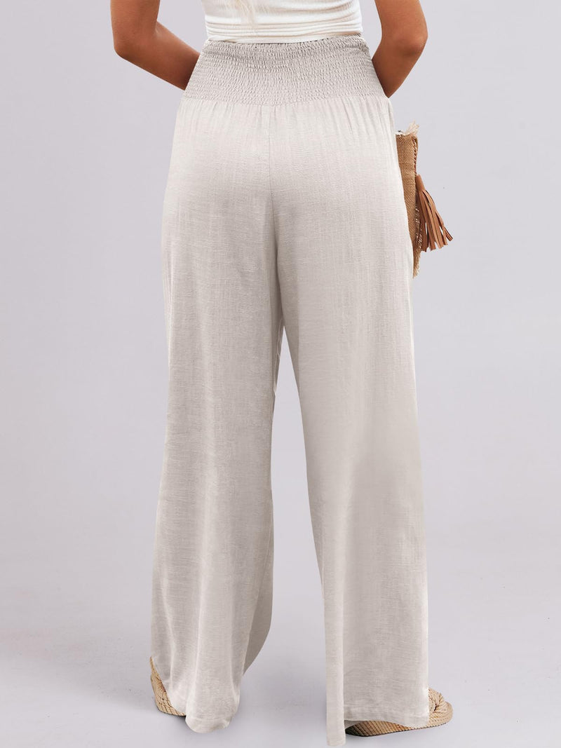 ANRABESS Women Linen Palazzo Pants Summer Boho Wide Leg High Waist Casual Lounge Pant Trousers with Pocket Large Apricot - BeesActive Australia