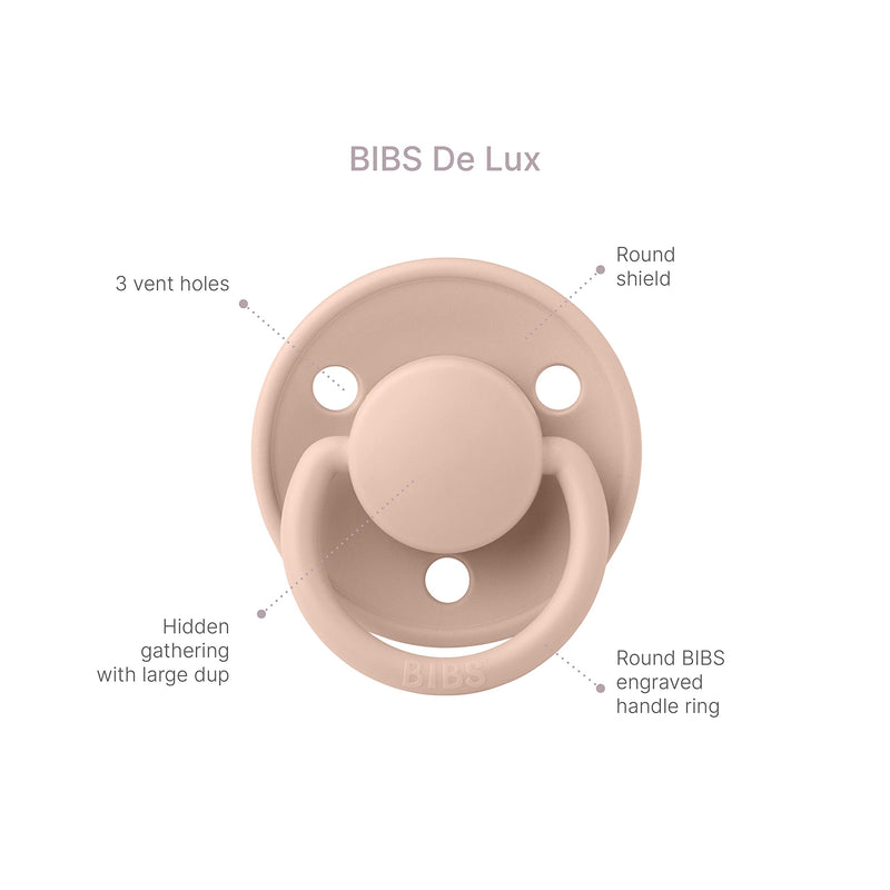 BIBS Pacifiers OneSize | 2-Pack Soothers | BPA-Free Symmetrical Nipple | Made in Denmark | Dusty Blue/Steel Blue De Lux Pacifier - BeesActive Australia