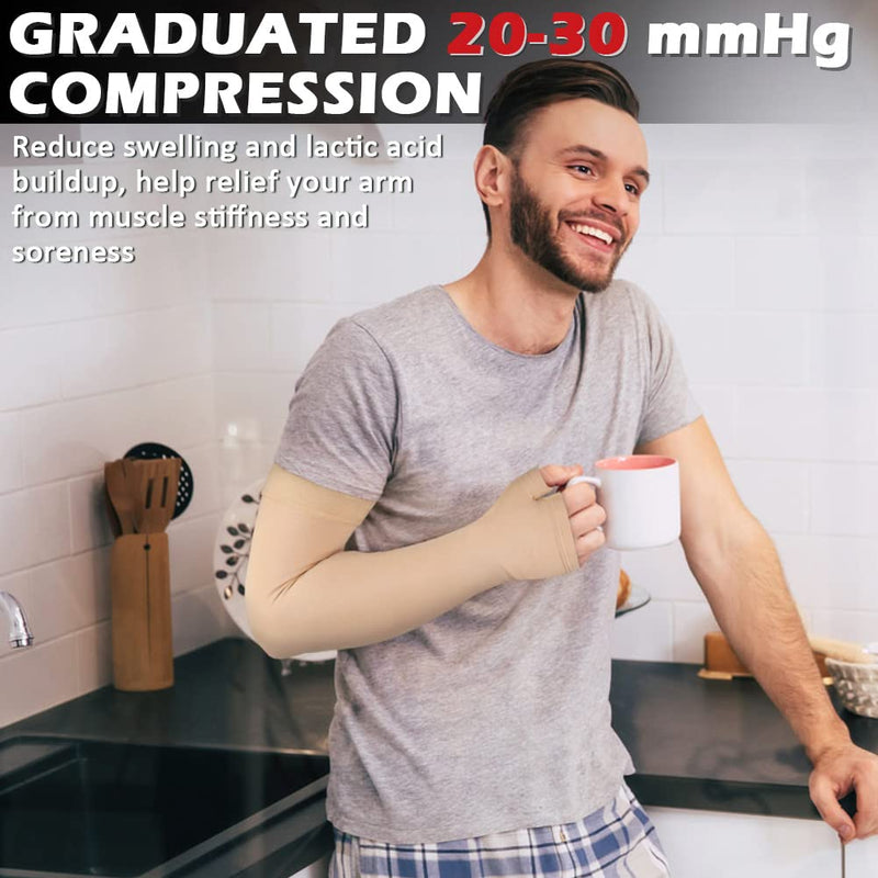 Ailaka Lymphedema Compression Arm Sleeve（Single）with Gauntlet for Men Women - 20-30 mmHg Medical Compression Arm Sleeve Full Arm Support Brace For Pain Relief, Swelling, Edema, Post Surgery Recovery Beige Large（Single） - BeesActive Australia