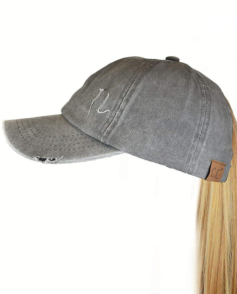 C.C Ladder Style Ponycap Adjustable Ponytail Distressed Washed Denim Baseball Cap Gray - BeesActive Australia