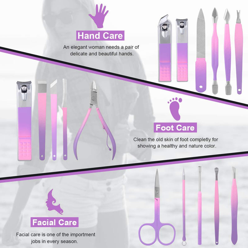 Manicure Set Professional Nail Clippers Kit -16Pcs Pedicure Care Tools Stainless Steel Women Grooming Kit for Travel or Home (Purple) Purple - BeesActive Australia