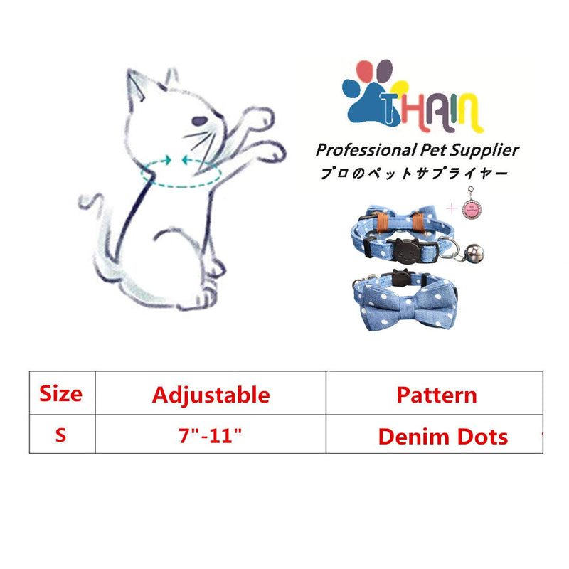 THAIN Cat Collar Breakaway with Bell and Bow Tie Safety Buckle with Name Tag Plaid Pattern Fruit Design Denim Dots Adjustable 7-11 inches for Kitten Cats - BeesActive Australia
