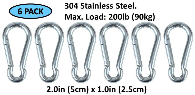 Branded Boards Heavy Duty Bushcraft Stainless Steel Carabiner Spring Snap Clip Link Hooks. 200-400lb Load. 6 Packs 12 Packs 5cm-6-pack - BeesActive Australia