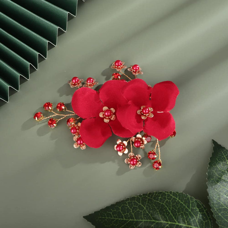 Sither Red Hair Clip for Bridal Floral Hair Comb for Women Wedding Hair Accessories for Bride Hair Clip Headpiece for Wedding Party Prom Gift - BeesActive Australia