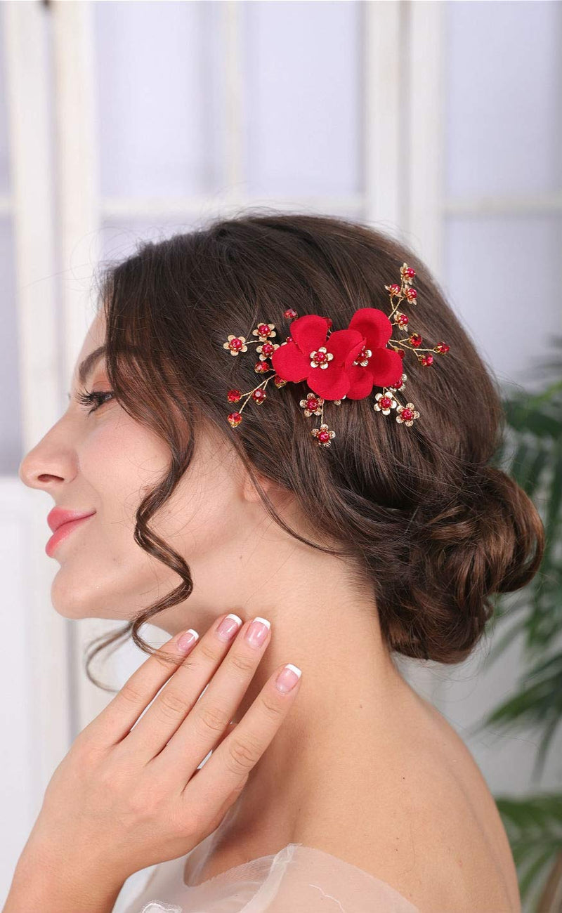 Sither Red Hair Clip for Bridal Floral Hair Comb for Women Wedding Hair Accessories for Bride Hair Clip Headpiece for Wedding Party Prom Gift - BeesActive Australia