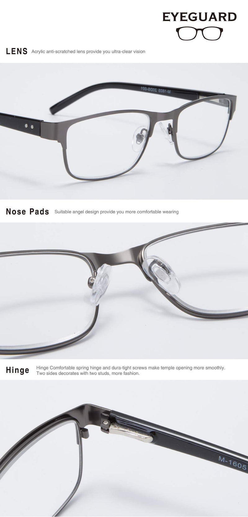 EYEGUARD Mens Reading Glasses, 1 Pair Rectangular Lightweight Metal Readers for Men Grey 2.5 Dioptres - BeesActive Australia