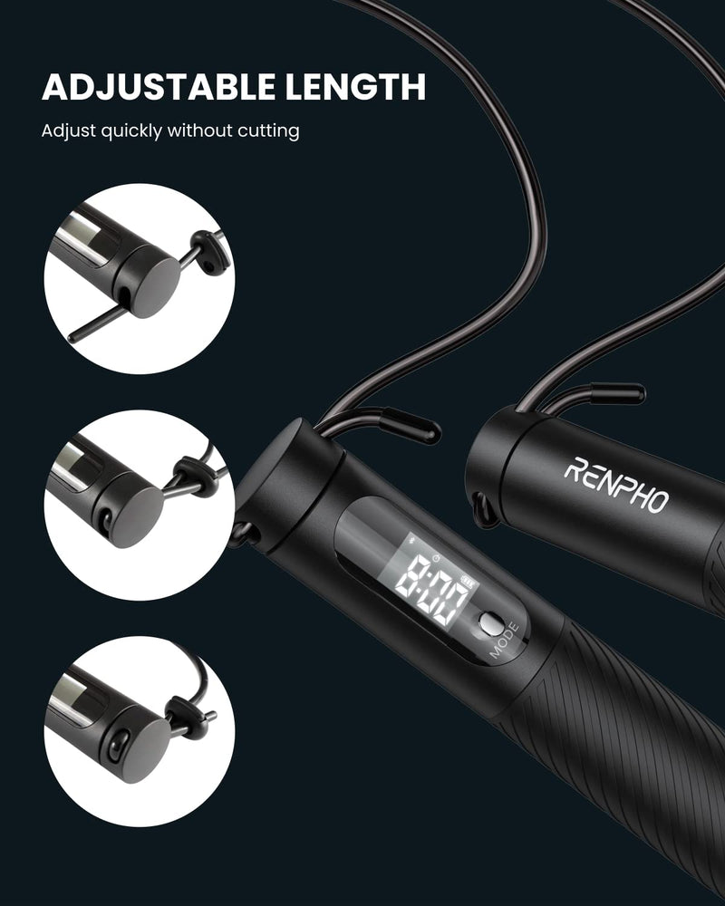 RENPHO Smart Skipping Rope with Counter, Adjustable Jump Ropes with Cordless Ball, Jump Ropes for Fitness, Crossfit, Gym, Burn Calorie, APP Data Analysis, at-Home-Workout for Women, Men, Adult, Kids 01-Black - BeesActive Australia
