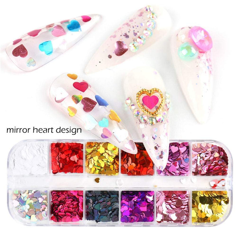 Nail Art Stickers Decals Nail Supplies Holographic Nail Polish Nail Art Decorations Accessories For Women Girls Shining Lovely Hearts Butterfly Sequins 12 Grids/Set (Heart) - BeesActive Australia