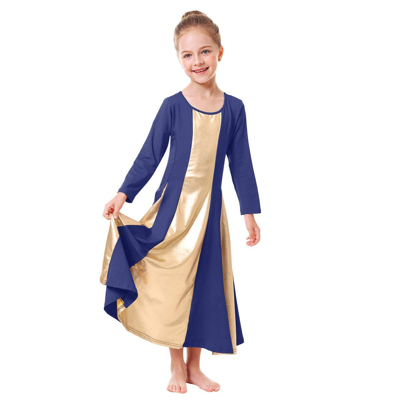 [AUSTRALIA] - IBAKOM Baby Little Big Girls Ruffle Metallic Gold Color Block Praise Dance Dress Liturgical Lyrical Worship Tunic Skirt Kid Dancewear Costume Navy Blue 13-14 Years 