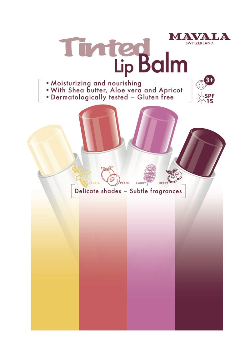 Mavala Lip Balm, Candy, SPF 15, 0.15 Ounce Tube, Lip Repair Moisturizing, Tinted Lip Balm, Travel Size, Long Lasting, Gluten Free Balm to Protect and Soothe Dry Chapped Lips - BeesActive Australia