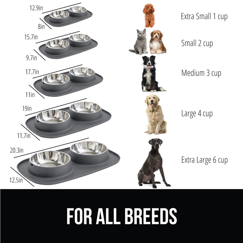 Gorilla Grip Slip Resistant Pet Bowls and Silicone Feeding Mat Set, Catch Water and Food Mess, Raised Edges for No Spills, Stainless Steel Cat and Dog Dish Bowl, Patent Pending Design 2 Cup Gray - BeesActive Australia