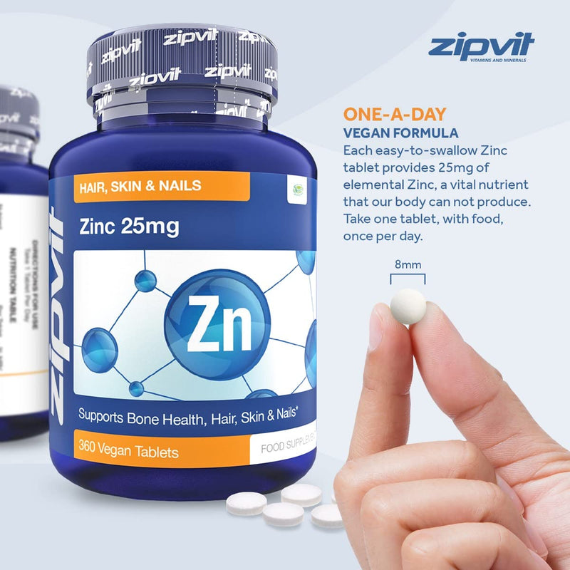 Zinc 25mg, 360 Vegan Tablets. Hair, Skin & Nails. Supports The Immune System, Bone Health & Cognitive Function - BeesActive Australia