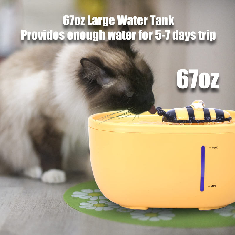 GLADELE Pet Water Fountain 2L/67oz Cute Cat Drinking Water Dispenser Ultra Quiet USB Automatic Dog Water Bowl with Filter LED Light Bee Yellow Bee-Yellow - BeesActive Australia