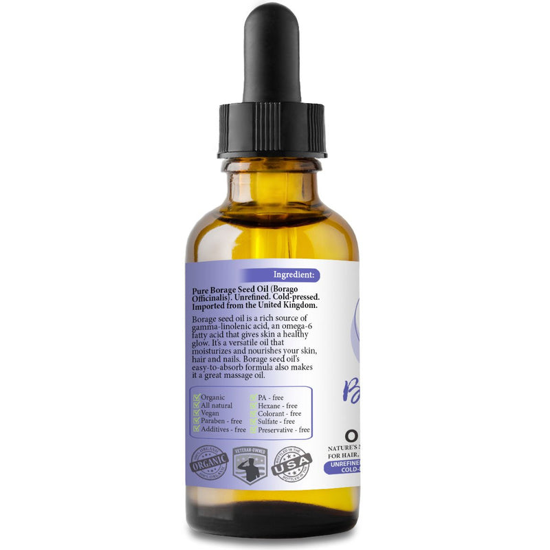 NEW Borage Seed Oil. 2oz. Cold-pressed. Unrefined. Organic. 100% Pure. PA-free. Hexane-free. GLA Oil. Natural Moisturizer. For Hair, Face, Body, Nails, Stretch Marks. - BeesActive Australia