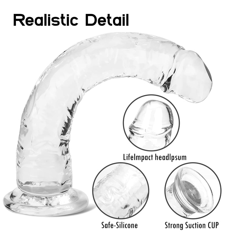 Realistic Dildo, Liquid Silicone Lifelike Huge Penis with Strong Suction Cup for Hands-Free Play, Flexible Cock with Curved Shaft and Balls for Vaginal G-spot and Anal Play (Transparent, 6.3 inches) transparent - BeesActive Australia