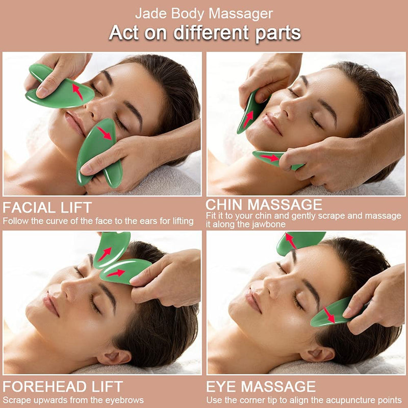 URAQT Gua Sha Board, 2 Pcs Jade Stone Face Scrapping Massager, Guasha Facial Tool, Green Quartz Natural Massage Tool Anti Aging and Wrinkles for Face, Eye, Neck, Body Massage A-green - BeesActive Australia