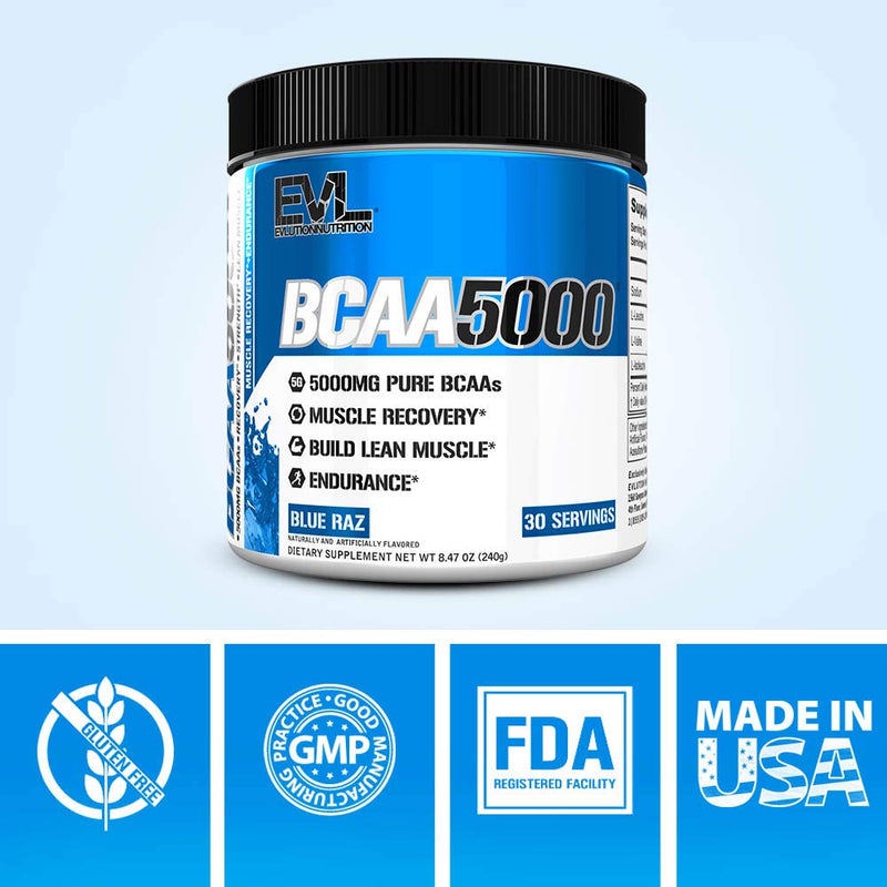 Evlution Nutrition BCAA5000 Powder 5 Grams of Branched Chain Amino Acids (BCAAs) Essential for Performance, Recovery, Endurance, Muscle Building, Keto Friendly, Zero Sugar, 30 Servings (Blue Raz) - BeesActive Australia