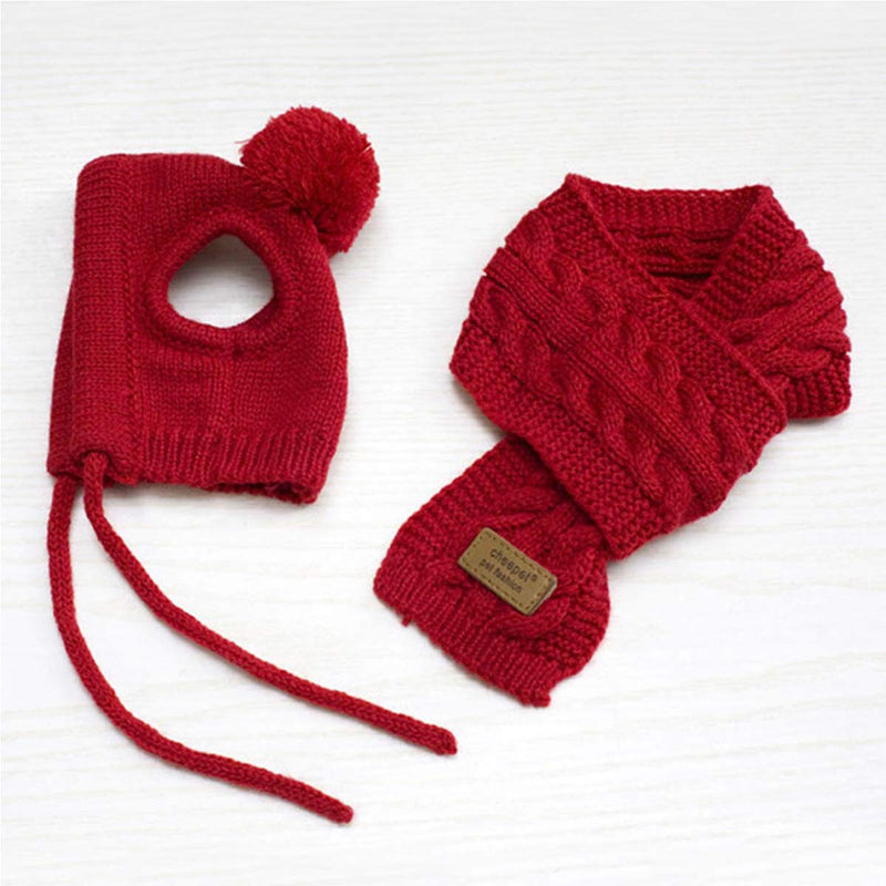 Goclothod Pet Dog Knitted Scarf and Hat Set Winter Neck Ear Warmer Red - BeesActive Australia