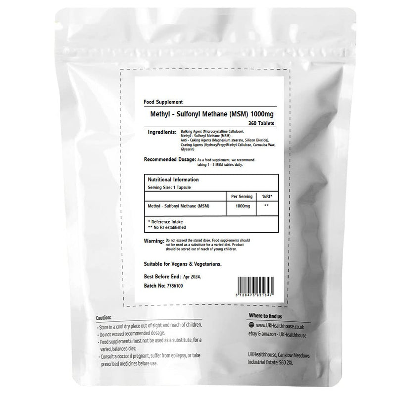 UkHealthHouse MSM 1000mg - Methylsulfonylmethane Sulphur - Healthy Joints & Bones x 360 Tablets - BeesActive Australia
