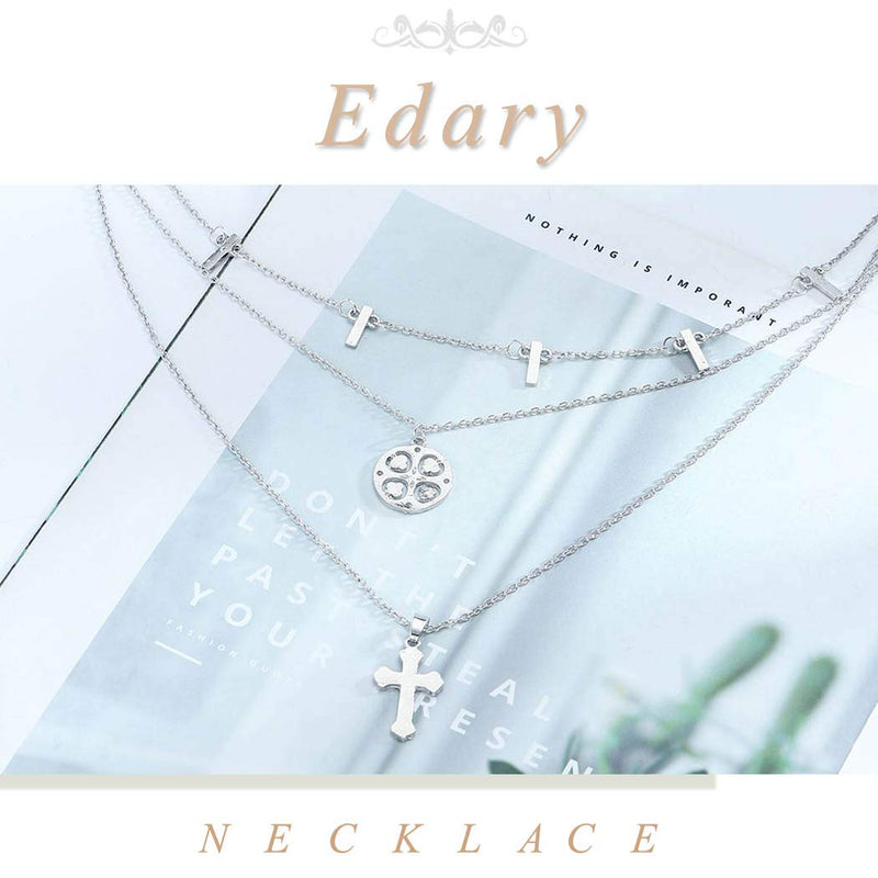 Edary Fashion Layered Necklace Cross Pendant Four-Leaf Clover Necklaces Silver Jewlery for Women and Girls - BeesActive Australia