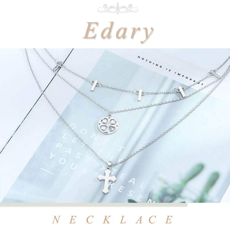 Edary Double Layered Necklace Moon Pendant Four-Leaf Clover Necklace Silver Jewelry for Women and Girls - BeesActive Australia