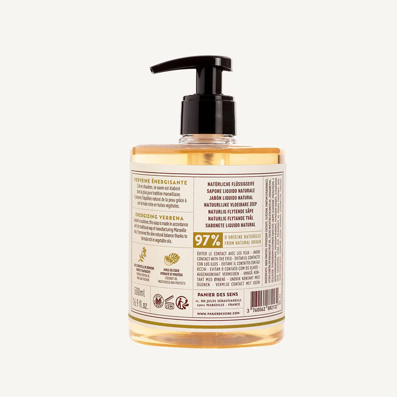 Panier des Sens - Marseille Liquid Hand Soap - Verbena Hand Wash - Moisturizing Soap with Coconut Oil - Bathroom & Kitchen Refillable Soap - 97% Natural Ingredients Made in France - 16.9 Fl.oz - BeesActive Australia