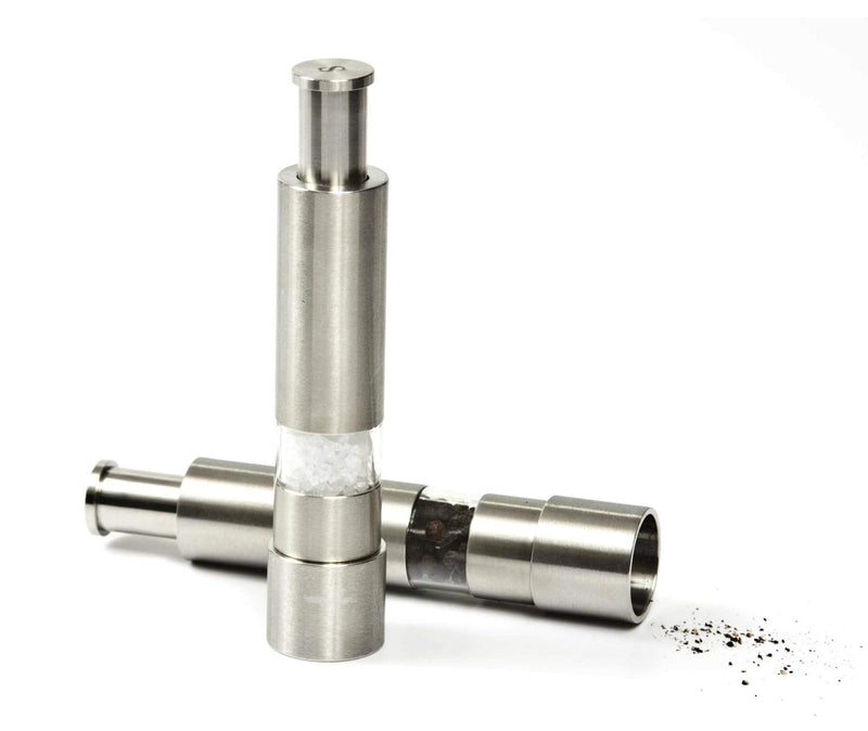Grind Gourmet Salt and Pepper Grinder Set, Original Pump & Grind Peppermill are Refillable, Modern Thumb Press Grinder, Comes with Black Pepper, Sea Salt and Stand, Works With Himalayan Salts 316 Stainless Steel - BeesActive Australia