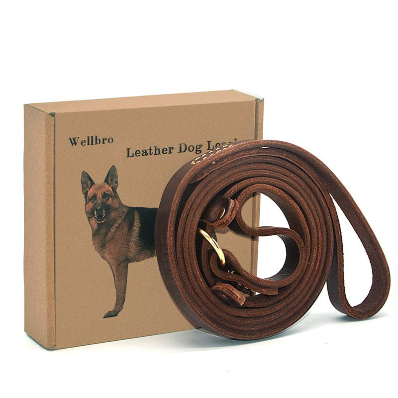 Wellbro Real Leather Slip Lead Dog Leash, Adjustable Stitched Pet Slip Leads with Slider, Heavy Duty Flat Dog Training Leashes for Medium and Large Dogs,Brown 6 Feet - BeesActive Australia