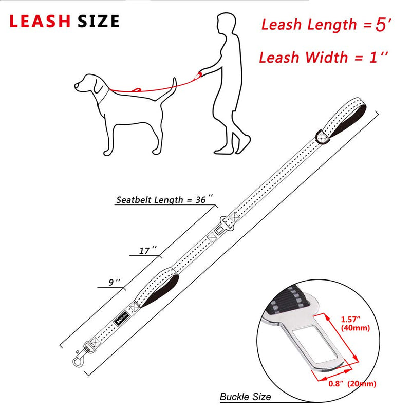 PoyPet 5 Feet Dog Leash - Reflective - 2 Cushioned Handles - Functional Car Seat Belt Light Blue Classic - BeesActive Australia