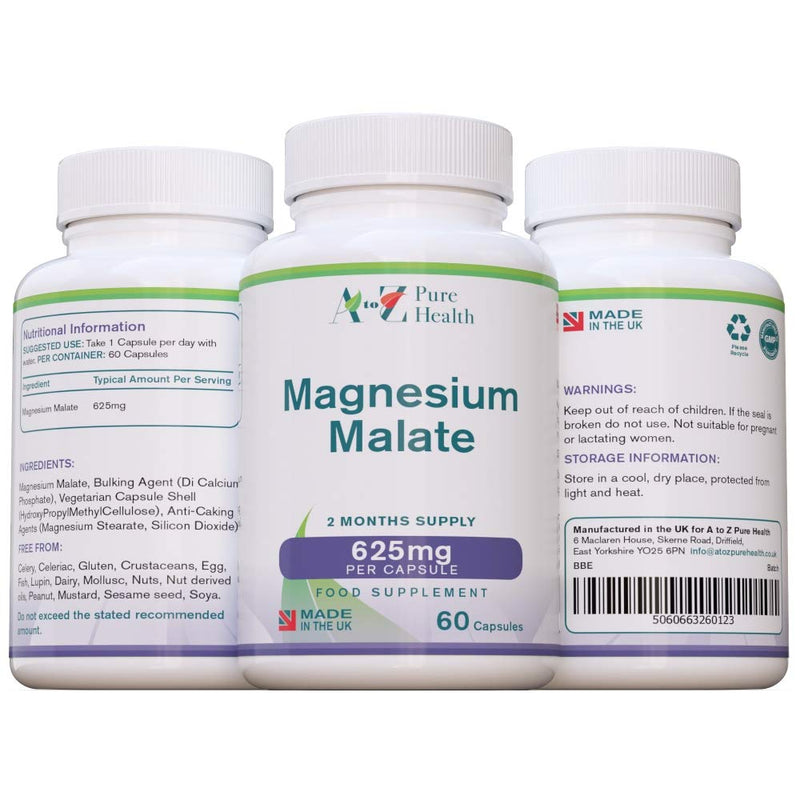 Magnesium Malate Capsules | High Absorption, Premium Magnesium Malate 625mg Supplement | 60 Easy to Swallow Capsules (2 Months Supply) | Supports Energy Levels, Heart Health, Muscle Function | UK Made - BeesActive Australia