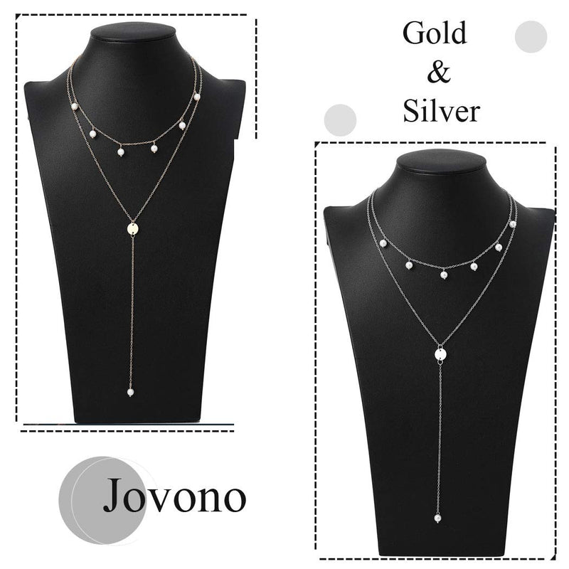 Jovono Boho Multilayered Pearl Tassel Choker Necklaces Sequin Pendant Y-Necklace Chain Jewelry for Women and Girls (Silver) Silver - BeesActive Australia