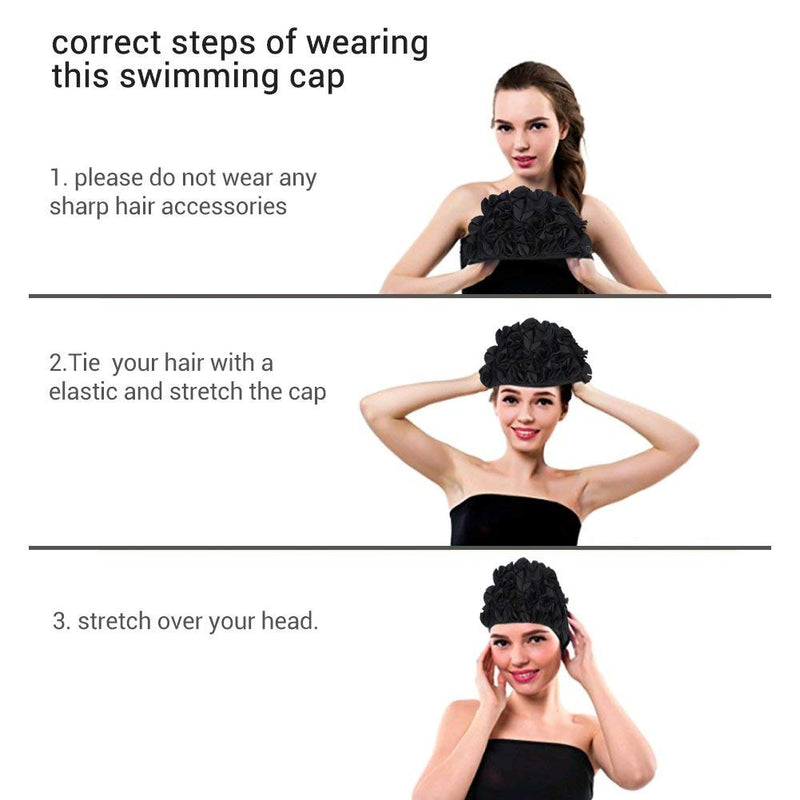 Womens Swim Hat, Floral Swim Hat for Womens, Vintage Style, Swimming/Bathing, Pretty Retro Swim Hat(Black) - BeesActive Australia