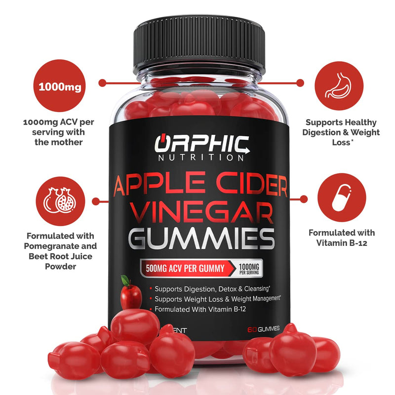 Apple Cider Vinegar Gummies - 1000mg - Formulated to Support Weight Loss Efforts & Gut Health* - Supports Digestion, Detox & Cleansing* - ACV Gummies W/VIT B12, Beetroot & Pomegranate (60 Gummies) 60 Count (Pack of 1) - BeesActive Australia