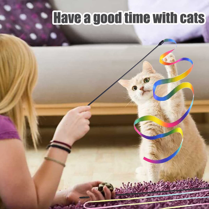 4PCS Rainbow Cat Wand Toy Cat String Toy Kitten Teaser Wand Interactive Cat Stick Toy for Indoor Training - BeesActive Australia