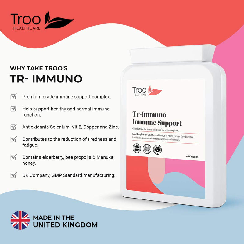 Tr-Immuno Immune Support Supplement - 60 Capsules Packed with Essential Vitamins Minerals & Botanicals - Vitamin C & D3 - Zinc - Manuka Honey - Bee Pollen - Royal Jelly - Elderberry - Daily Immunity - BeesActive Australia