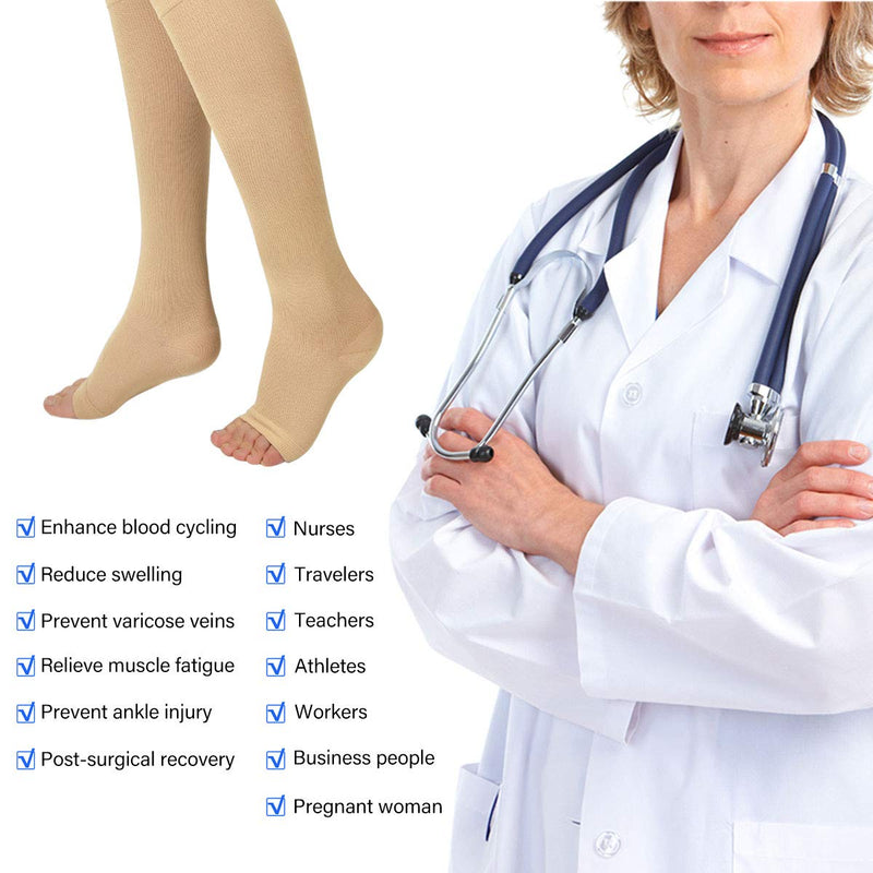 Evolyline 3 PAIRS Compression Socks for Women & Men, Open Toe Medical Compression Stockings Knee High 15-25mmHg for Nurses Running Flying Pregnancy Flight Sports, Fit for Swollen Ankles Varicose Veins Beige L-XL - BeesActive Australia