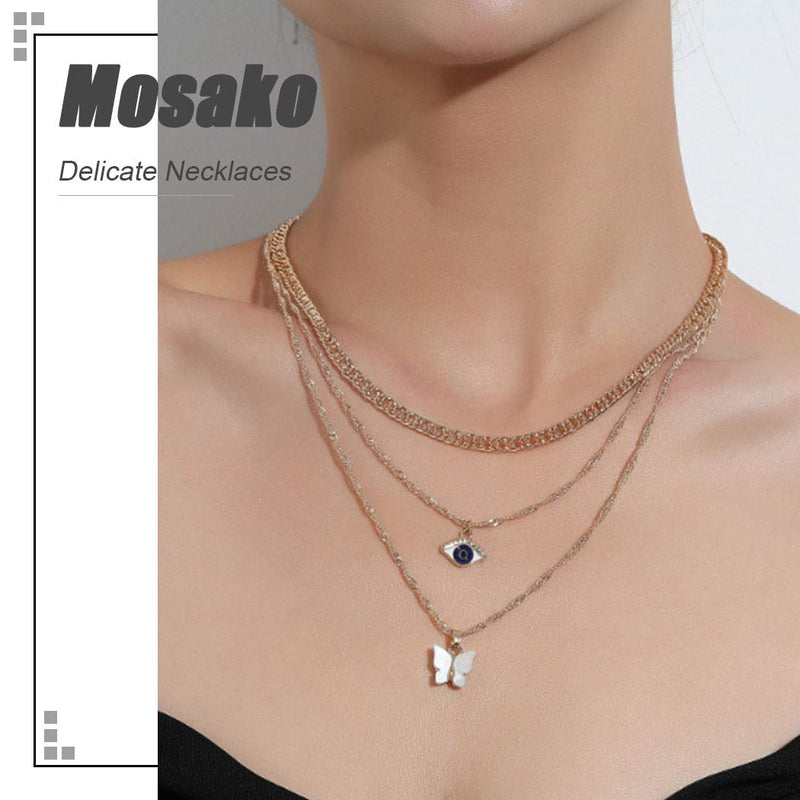 Mosako Boho Layered Necklace Evil Eyes Pendant Necklaces Chain Short Gold Butterfly Dainty Delicate Charm Necklaces Jewelry for Women and Girls - BeesActive Australia