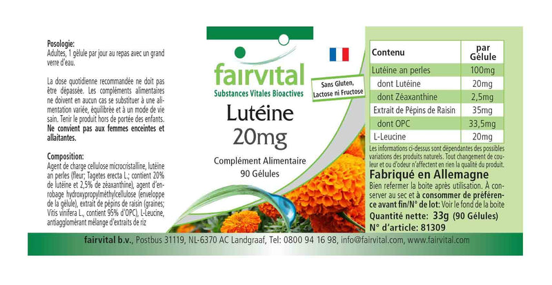Fairvital | Lutein 20mg - Bulk Pack for 3 Months - Vegan - HIGH Dosage - 90 Capsules - microencapsulated - BeesActive Australia