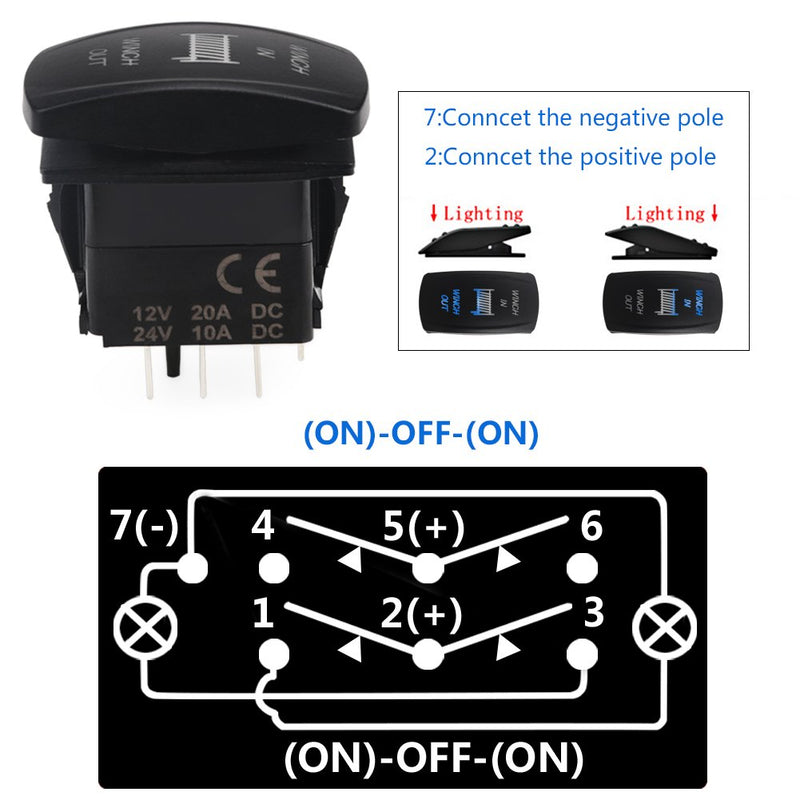 [AUSTRALIA] - WATERWICH 7 pin Momentary Winch In Out Rocker Toggle Switch Waterproof DC 20A 12V/10A 24V Black Shell/ON-OFF-ON DPDT illuminated Rocker Switch For Auto Truck Boat Marine (Winch In Out Switch) 