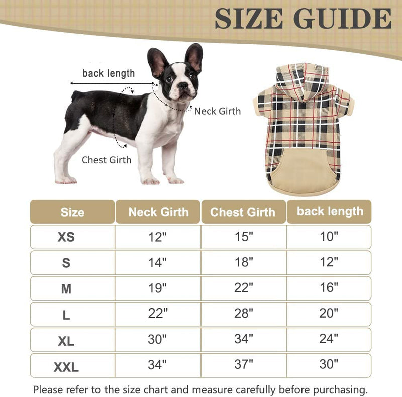 EXPAWLORER Plaid Dog Hoodie - British Style Soft and Warm Dog Sweater with Leash Hole, Hooded Cold Weather Clothes, Dog Sweatshirt, Outfits, Winter Coat for Small Medium Large Dogs Beige - BeesActive Australia