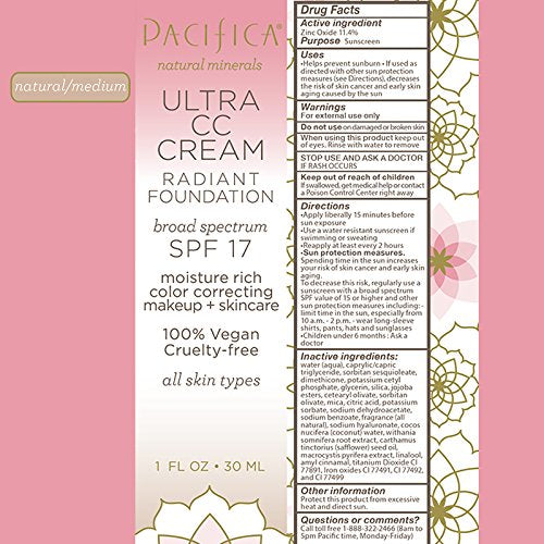 Pacifica Beauty Ultra CC Cream Radiant Foundation with Broad Spectrum SPF 17, Natural/Medium, 1 Fl Oz - BeesActive Australia