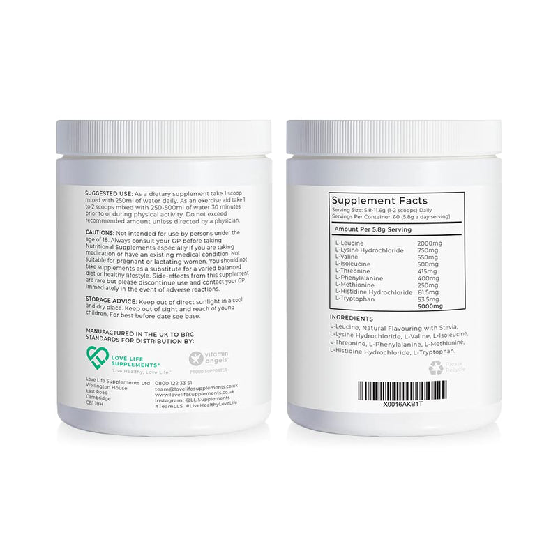 EAA Amino Acids Powder | All 9 Essential Amino Acids Including BCAA's and 2 Grams of Leucine per Serving | Apple & Kiwi Flavour | 348g - 60 Servings (5g of EAA's per Serving) | Love Life Supplements - BeesActive Australia