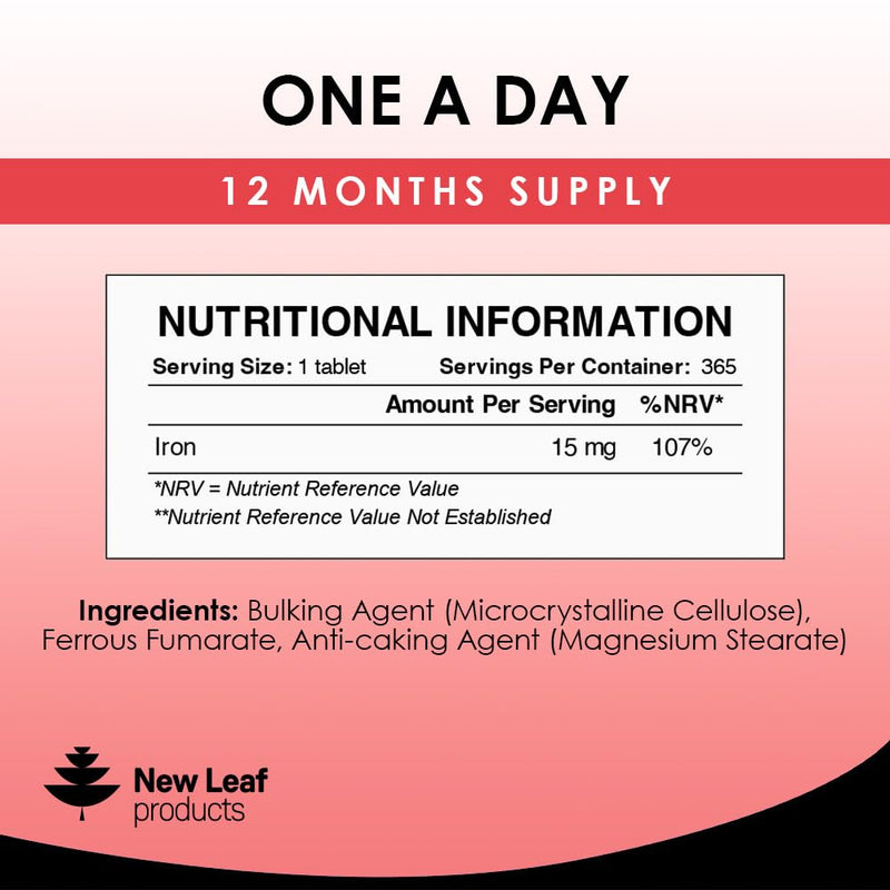 Gentle Iron Tablets 15mg High Strength (1 Year Supply) Ferrous Fumarate Iron - Vegan Iron Supplements for Men & Women Health - Reduction in Tiredness and Fatigue, Supports Immune Health & Energy - BeesActive Australia