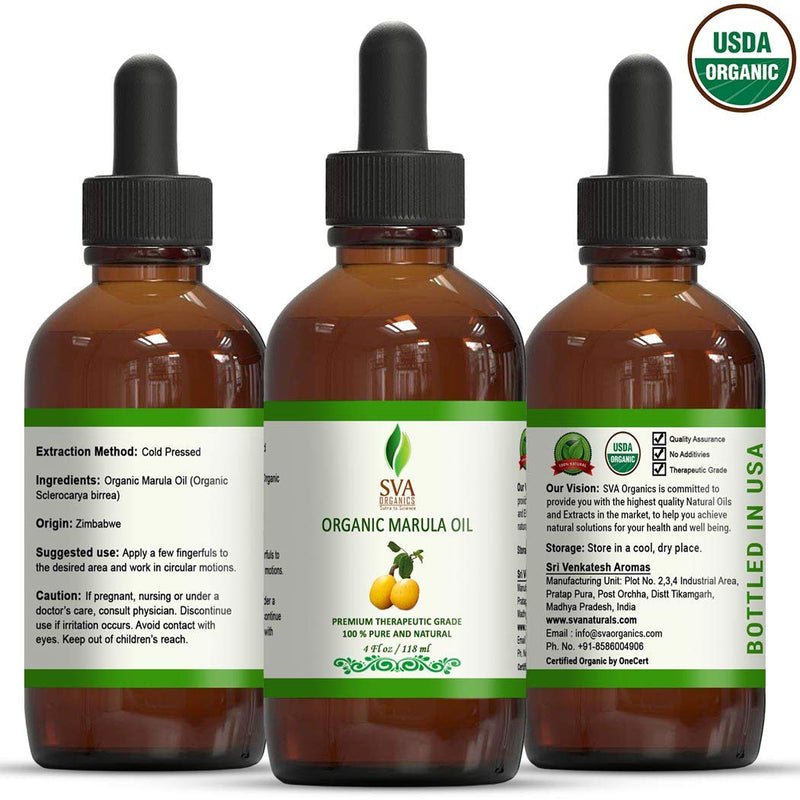 SVA Organics Marula Oil Organic USDA 4 Oz Pure Natural Cold Pressed Carrier Unrefined Luxury Oil for Face, Body, Lips, Hair, Nails, Shampoo, Conditioner, Lotion, Face Serum - BeesActive Australia