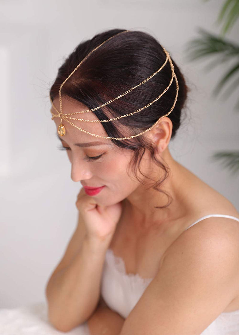 Denifery Bridal Boho Gold Rhinestone Head Chain Bridal Headpiece Bohemian Wedding Hair Accessories - BeesActive Australia