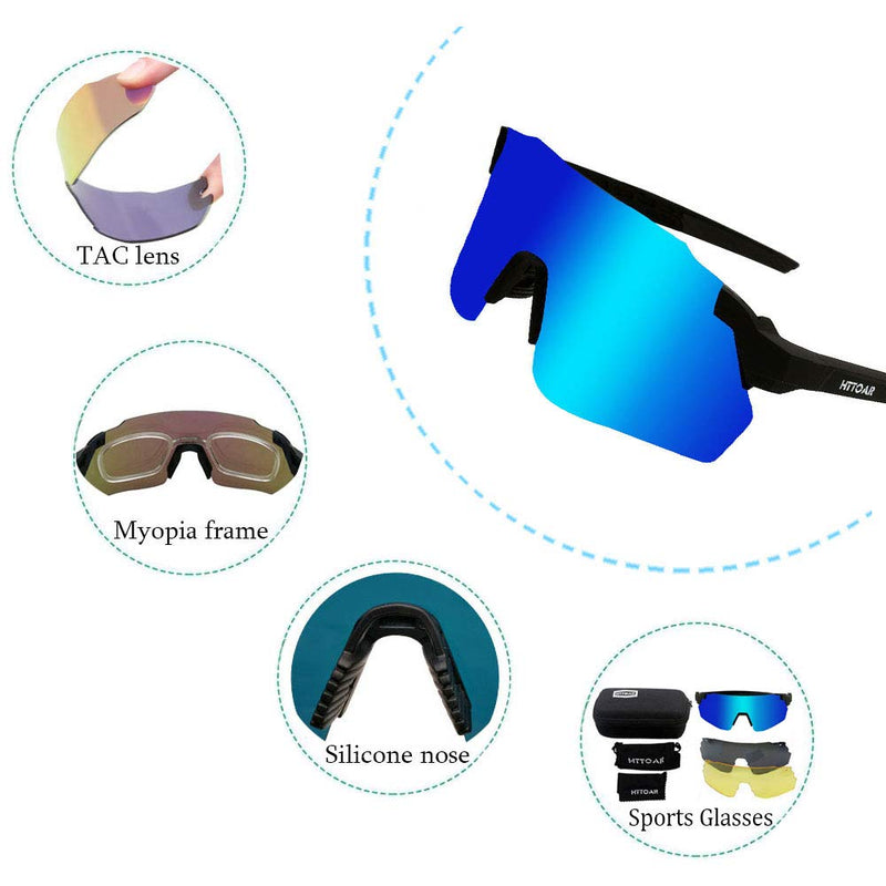 Cycling Glasses Sports Sunglasses with 3 Interchangeable Lenes for Men Women Black Blue - BeesActive Australia