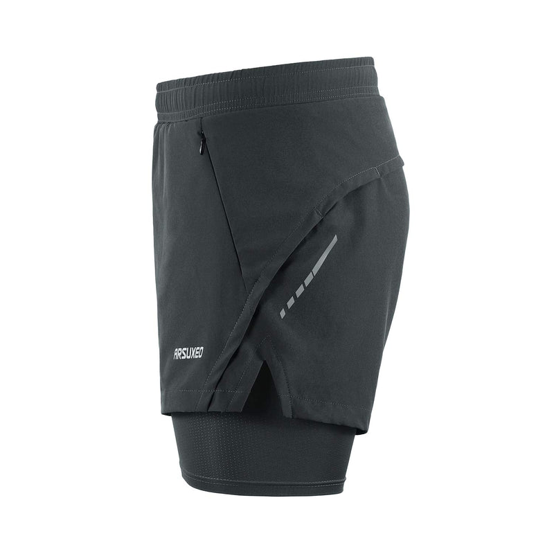 [AUSTRALIA] - ARSUXEO Men's 2 in 1 Running Shorts Breathable Zipper Pocket B202 Dark Grey Small 