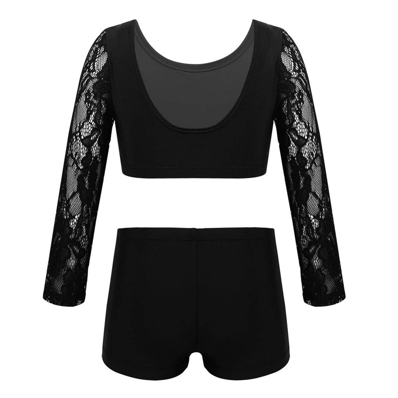 [AUSTRALIA] - TiaoBug Kids Girls Two-Piece Swimsuit Gymnastic Dancing Stage Performance Outfit Lace Long Sleeves Crop Tops with Shorts Set Black 6 