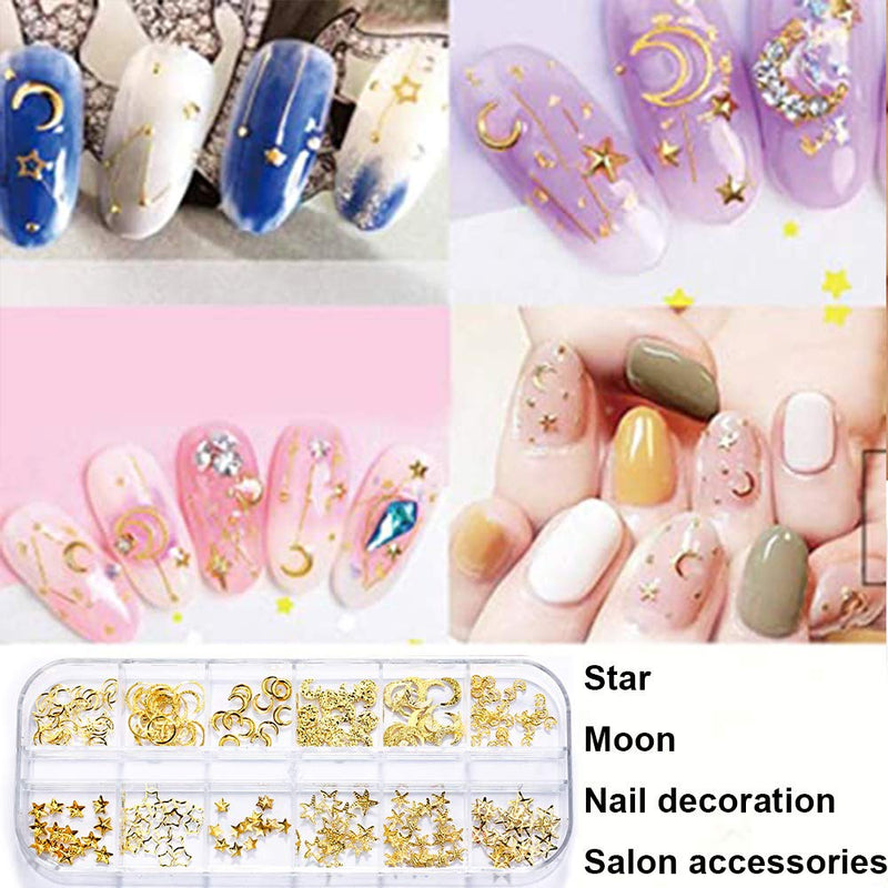 36 Grids Metal Star Moon Nail Art Studs Charm Decals Design 36 Grids Decoration 3D Gold Hollow out Star Moon Nail art Jewelry Supplies Rivet With 1Pcs Tweezers Tool for Women Nail DIY Accessories - BeesActive Australia