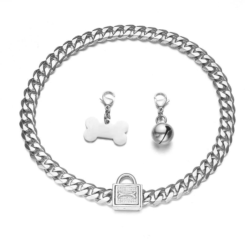 Aiyidi Dog Chain Collar Silver Stainless Steel Cuban Link Collar Width 11/15/19mm with Rhinestone Safety Buckle Dog tag Dog Bell Chew-Proof Water-Proof for Large Medium Small Dogs Chain width: 11mm 12inch (for dog's neck 9.6''~11.5'' ) - BeesActive Australia